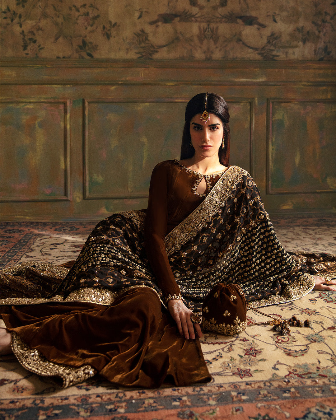 Dark Brown Embroidered Velvet Salwar Kameez (3-Piece) - Image 3