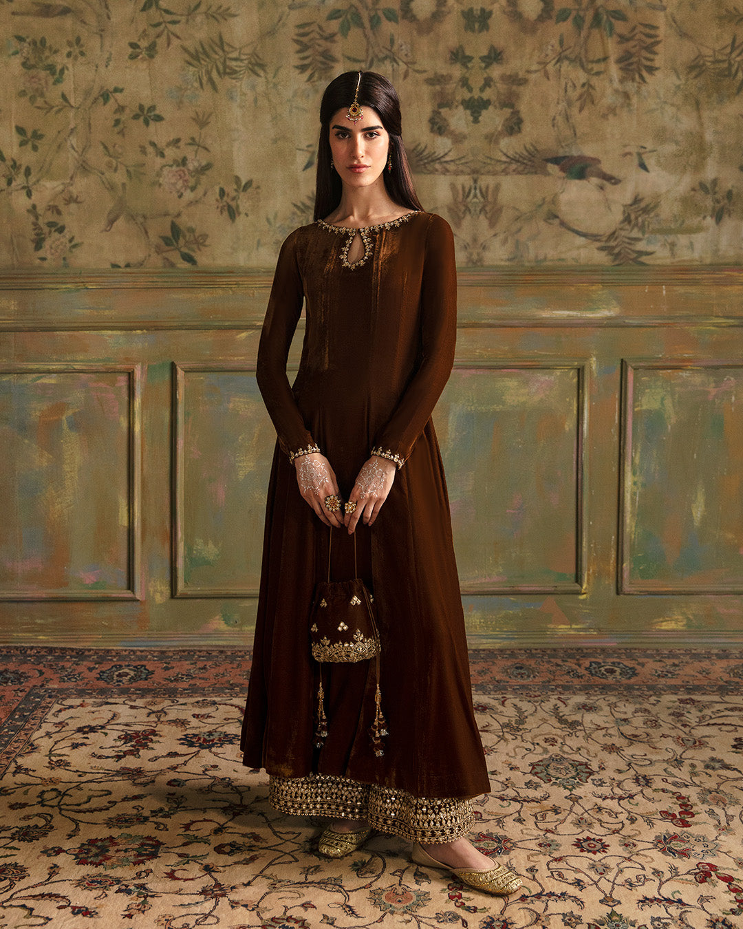 Dark Brown Embroidered Velvet Salwar Kameez (3-Piece) - Image 4