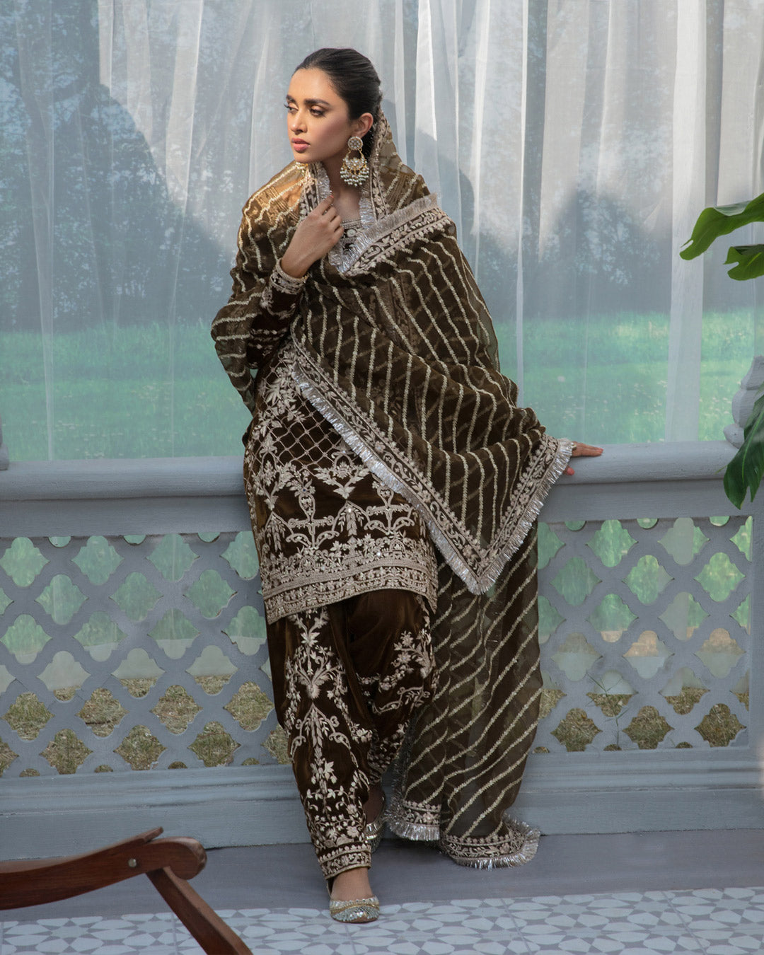 Pakistani Brown Velvet Embroidered Salwar Kameez (3-Piece) - Image 3