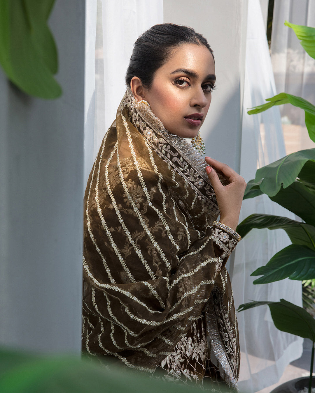 Pakistani Brown Velvet Embroidered Salwar Kameez (3-Piece) - Image 5