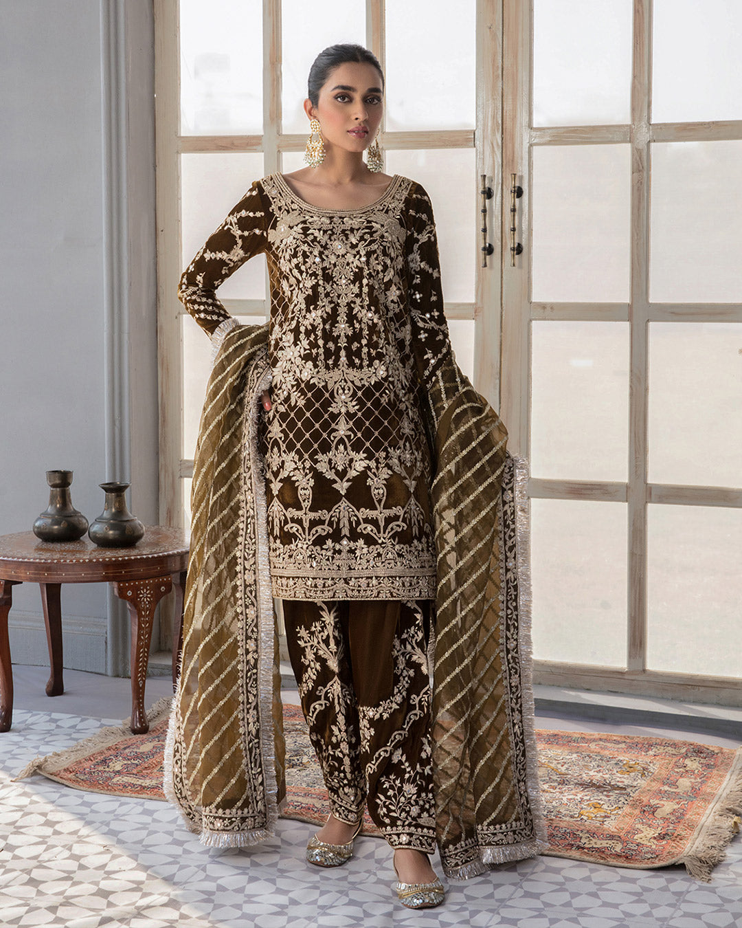 Brown Velvet Embroidered Salwar Kameez (3-Piece) - Image 1