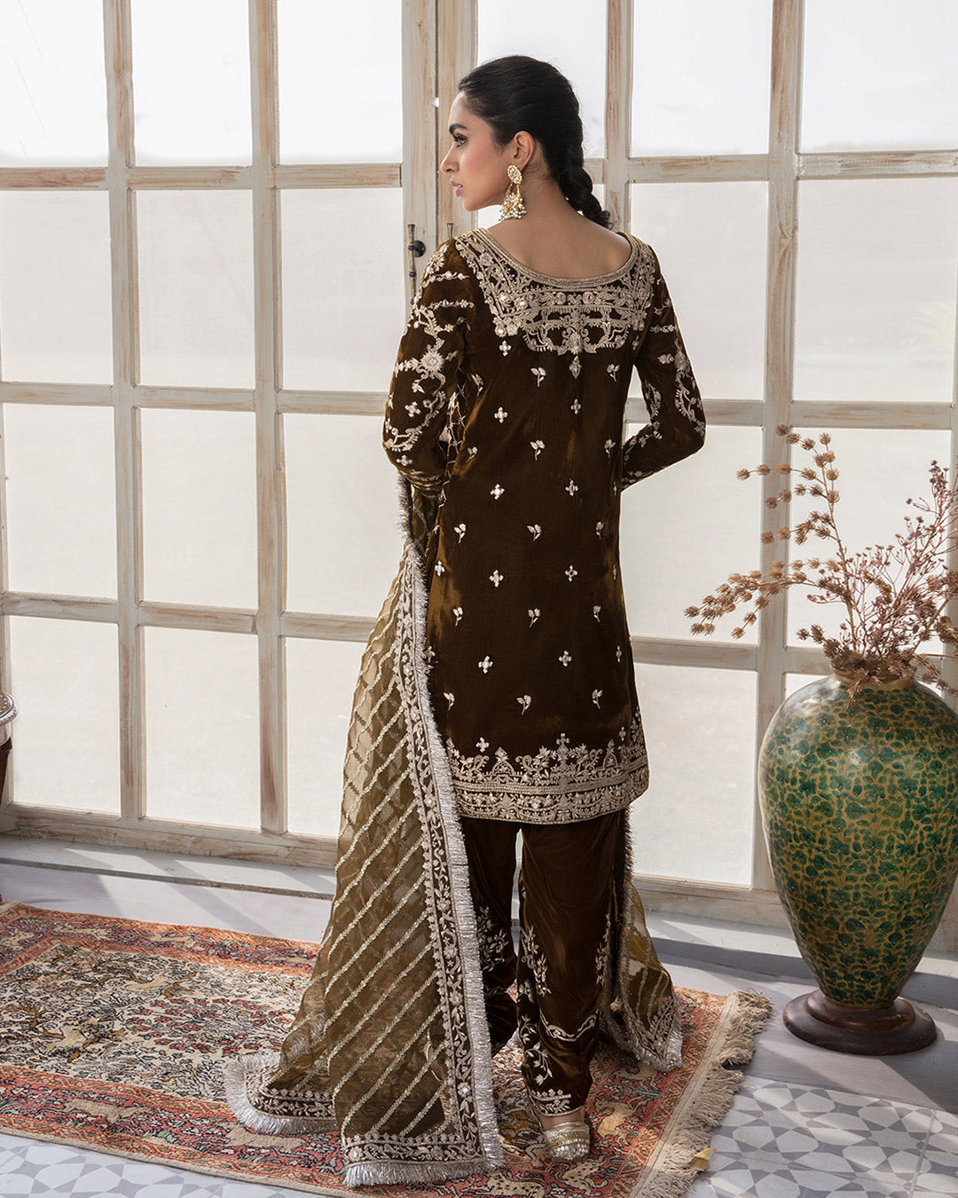 Brown Velvet Embroidered Salwar Kameez (3-Piece) - Image 4