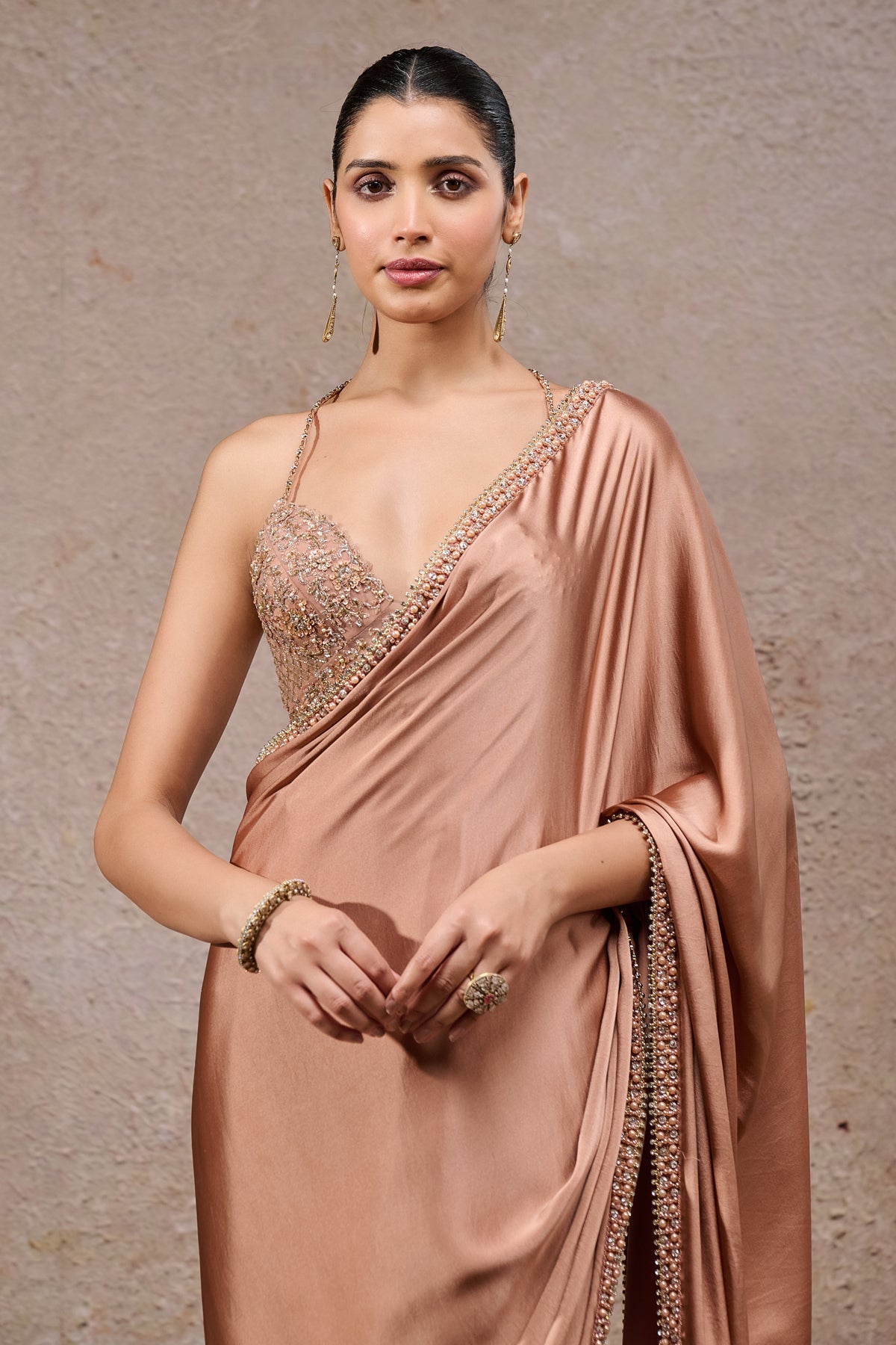 Mocha Pearl Charmeuse Saree with Embroidered Bustier (2-Piece) - Image 2