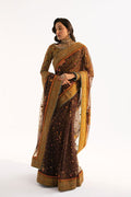 Deep Brown Embroidered Net Saree (3-Piece) - Image 1