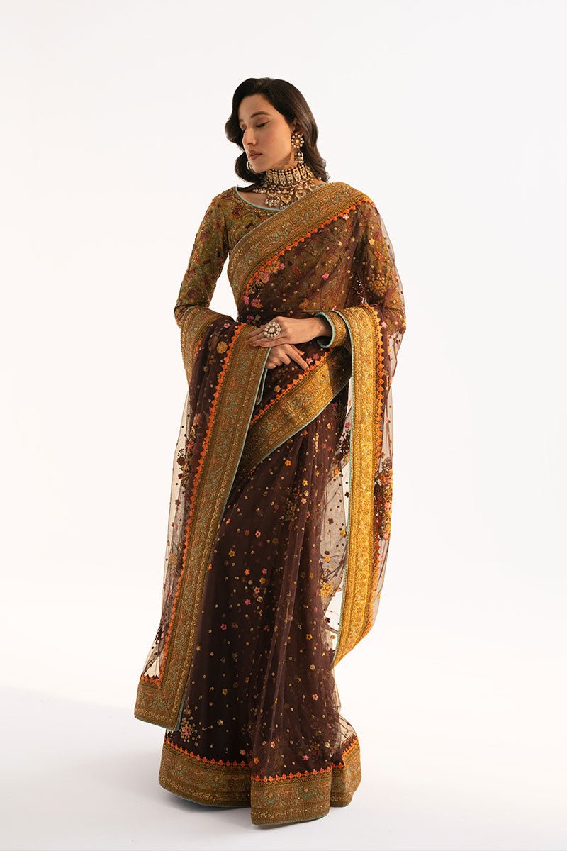 Deep Brown Embroidered Net Saree (3-Piece) - Image 2
