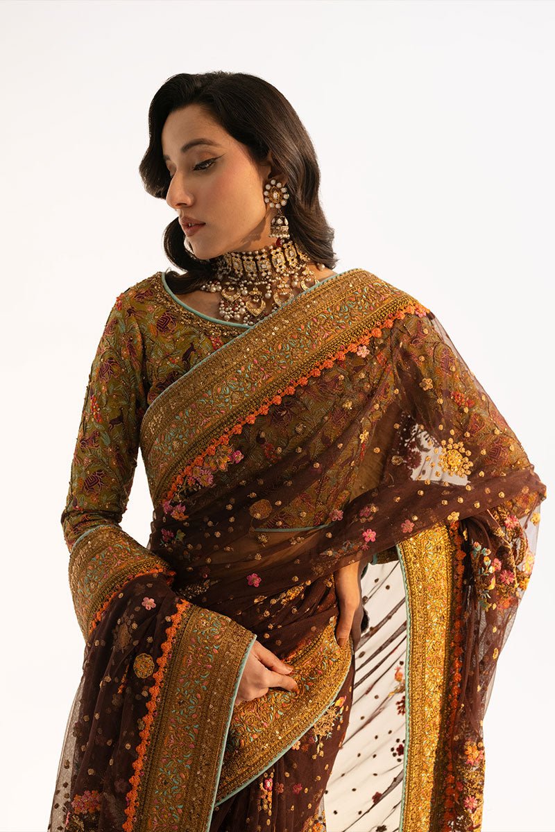 Deep Brown Embroidered Net Saree (3-Piece) - Image 3
