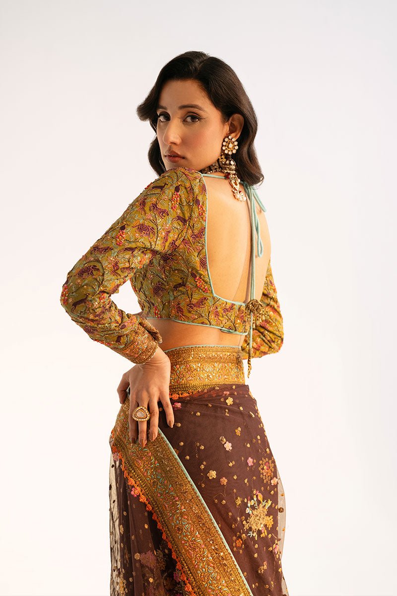 Deep Brown Embroidered Net Saree (3-Piece) - Image 4