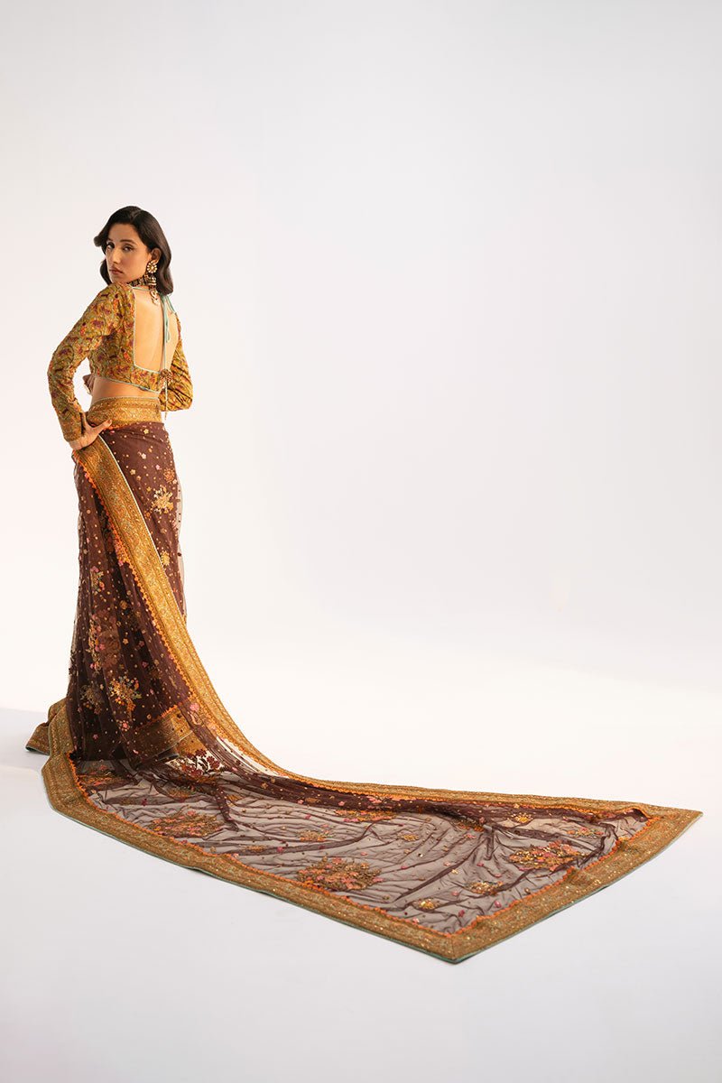 Deep Brown Embroidered Net Saree (3-Piece) - Image 5