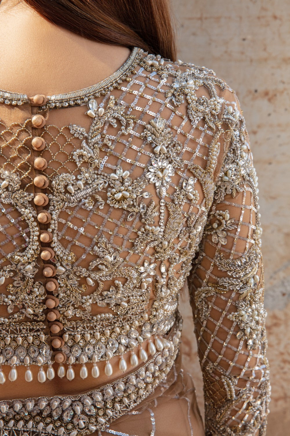 Indian Brown Embroidered Net Saree (Saree with Blouse) - Image 10