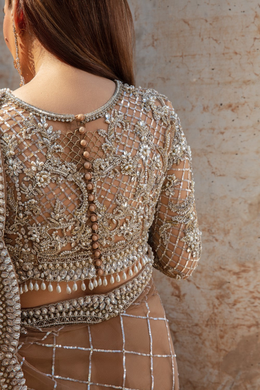 Indian Brown Embroidered Net Saree (Saree with Blouse) - Image 11