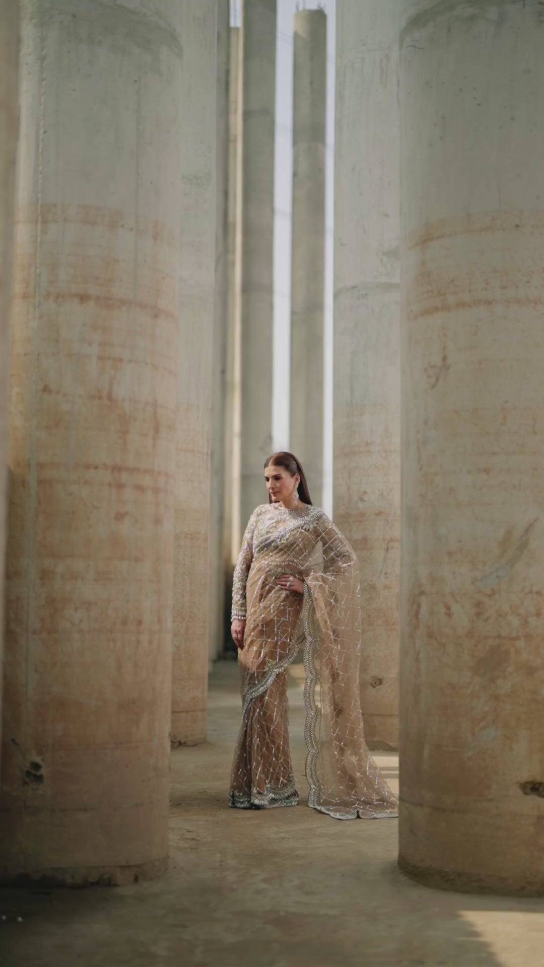 Indian Brown Embroidered Net Saree (Saree with Blouse) - Image 17