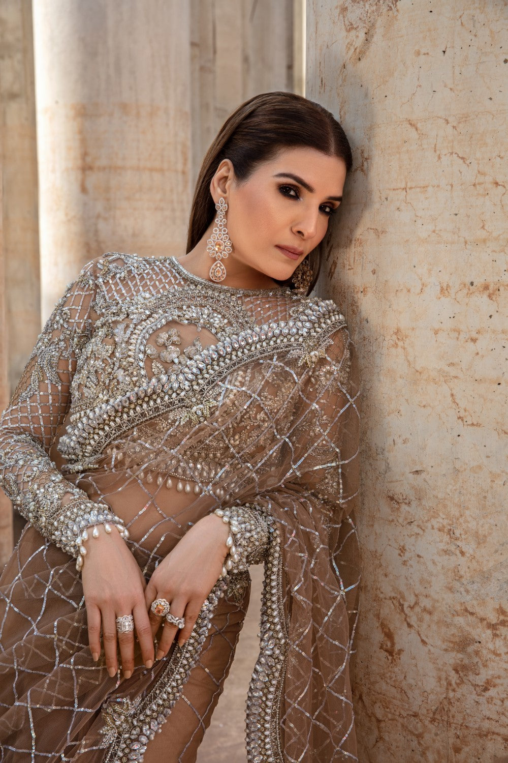 Indian Brown Embroidered Net Saree (Saree with Blouse) - Image 4