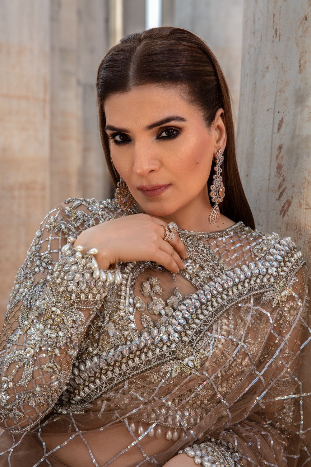 Indian Brown Embroidered Net Saree (Saree with Blouse) - Image 5