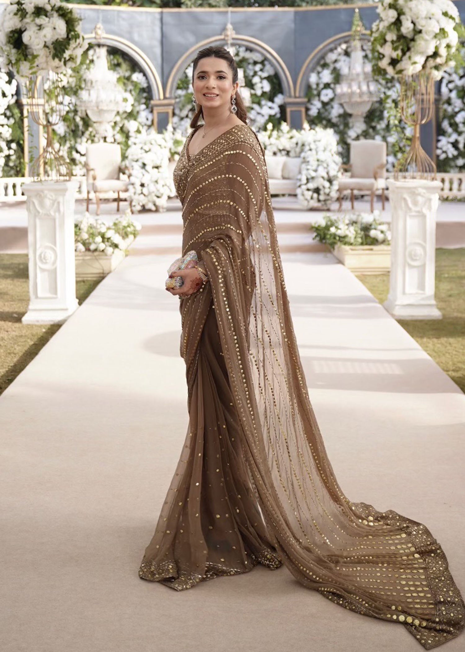 Walnut Mukesh Chiffon Saree with Swarovski Tissue Blouse (2-Piece) - Image 1