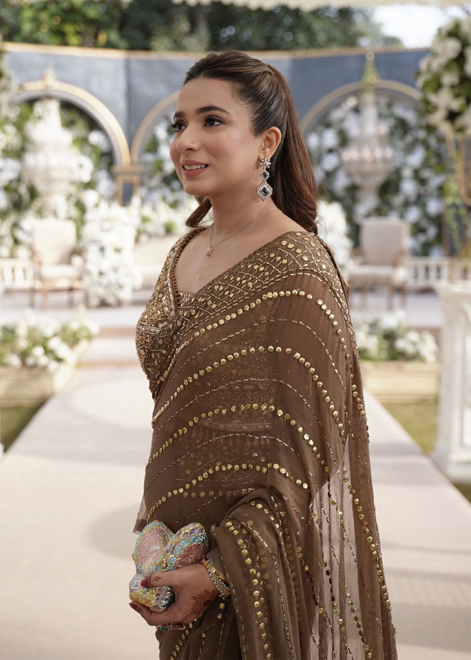 Walnut Mukesh Chiffon Saree with Swarovski Tissue Blouse (2-Piece) - Image 2