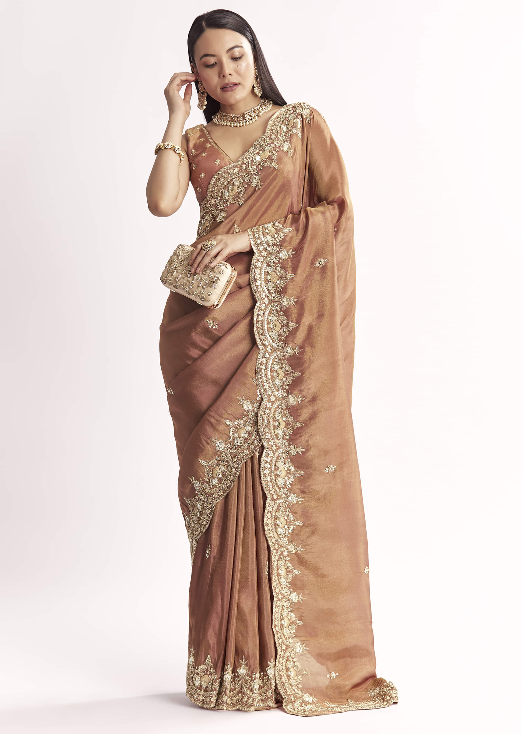 Indian Rust Embroidered Tissue Saree (2-Piece) - Image 10