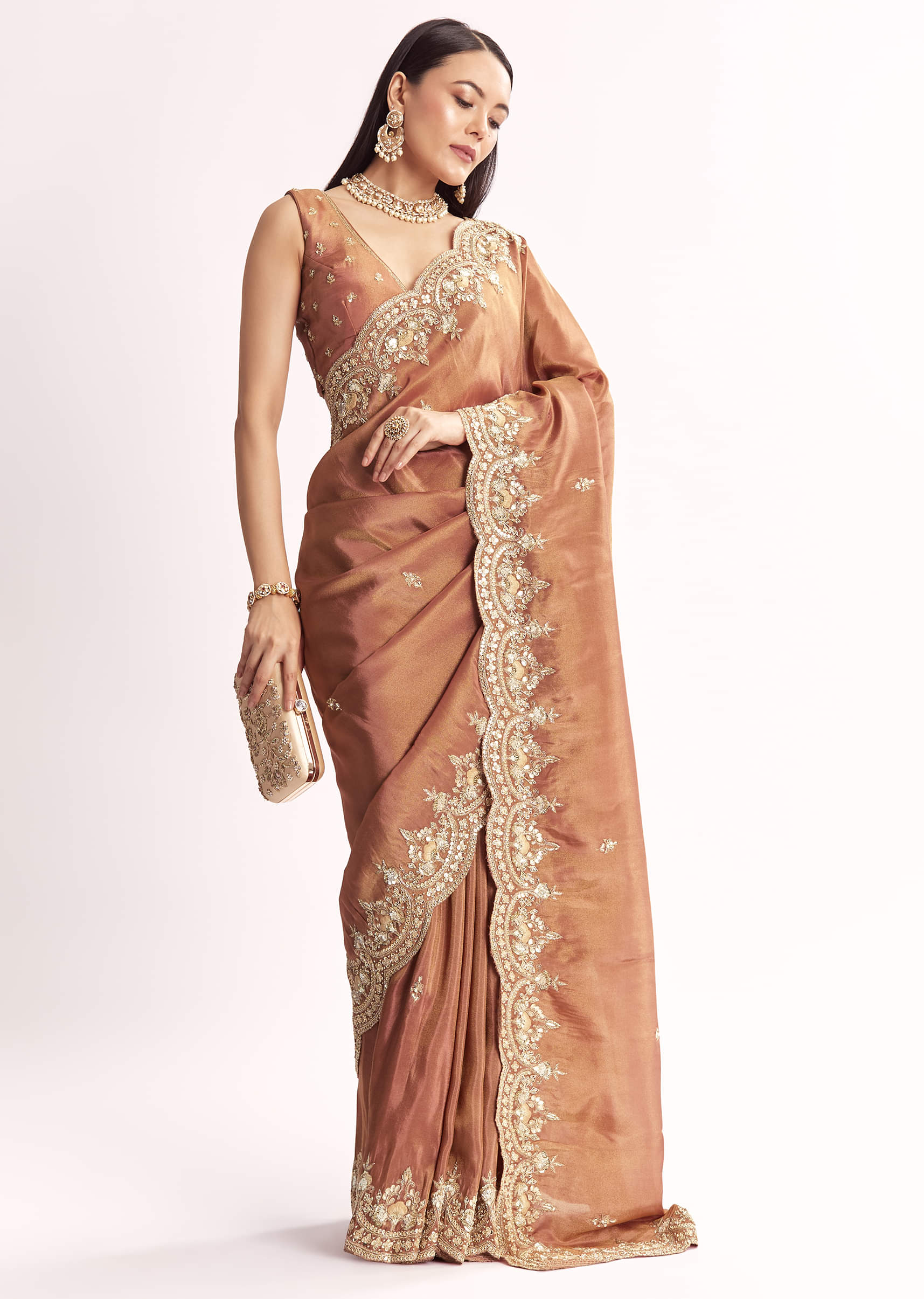 Indian Rust Embroidered Tissue Saree (2-Piece) - Image 11