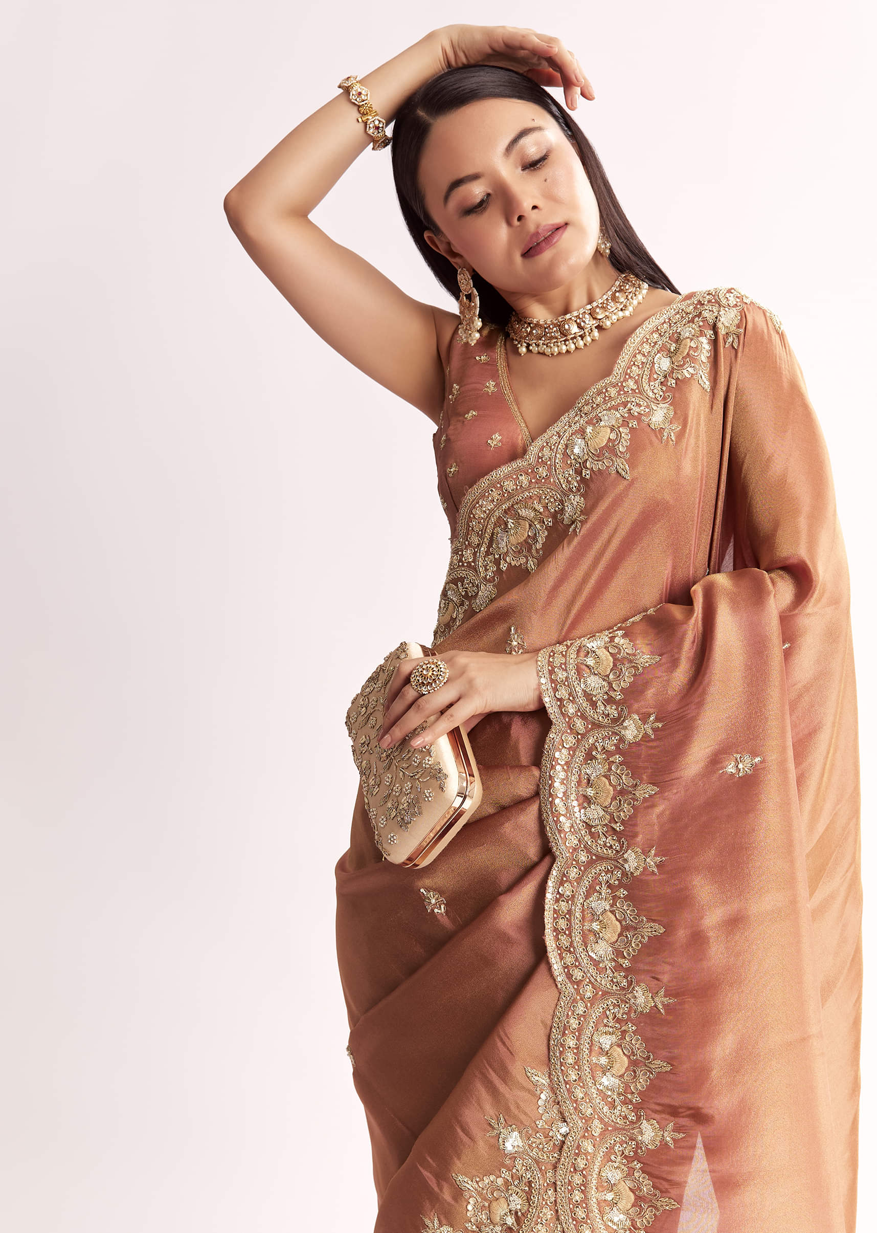 Indian Rust Embroidered Tissue Saree (2-Piece) - Image 2