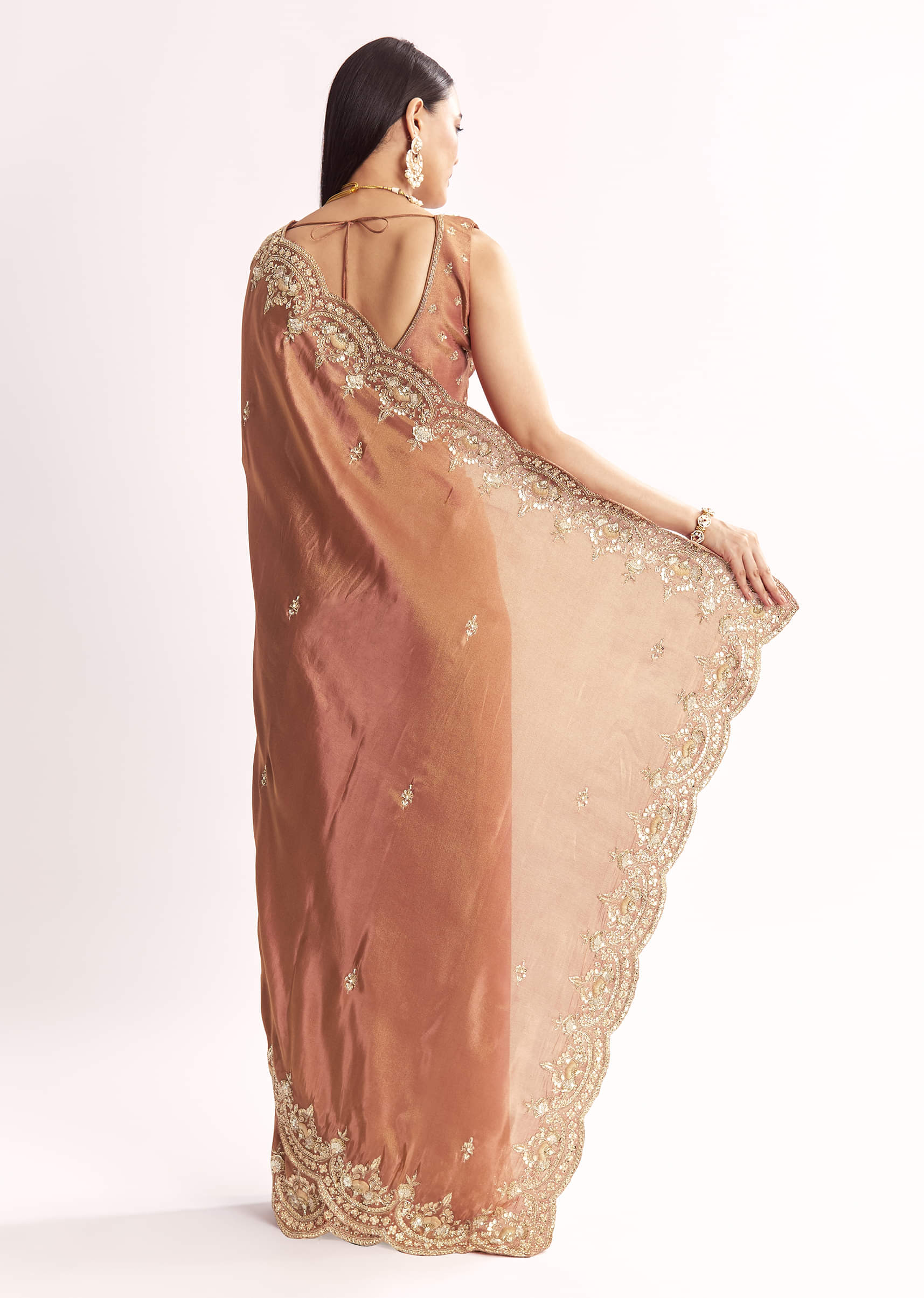Indian Rust Embroidered Tissue Saree (2-Piece) - Image 3