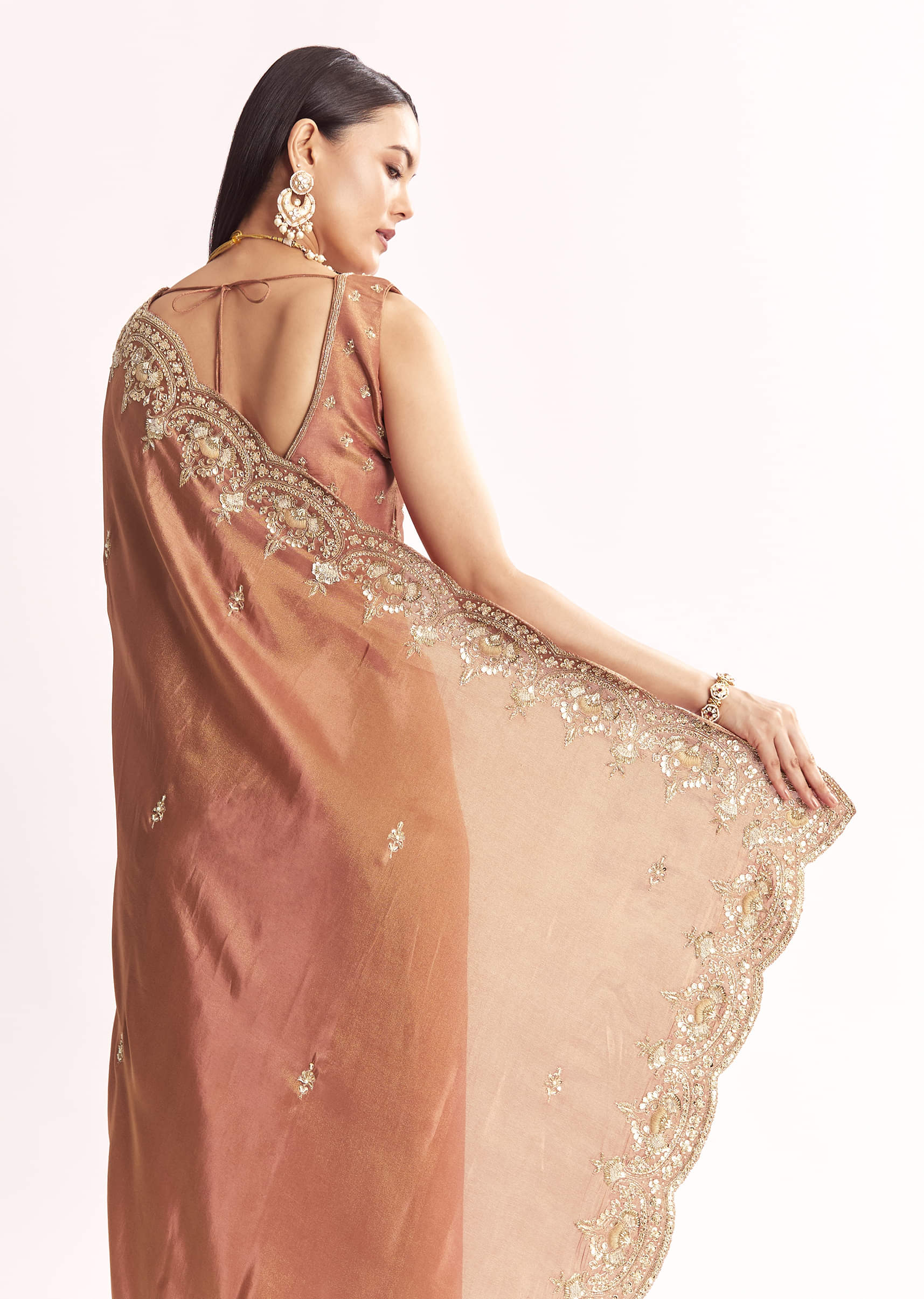 Indian Rust Embroidered Tissue Saree (2-Piece) - Image 4