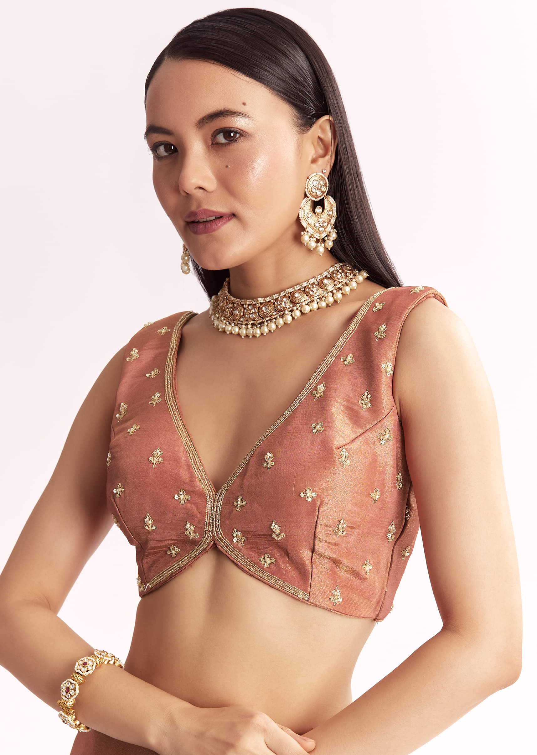 Indian Rust Embroidered Tissue Saree (2-Piece) - Image 5