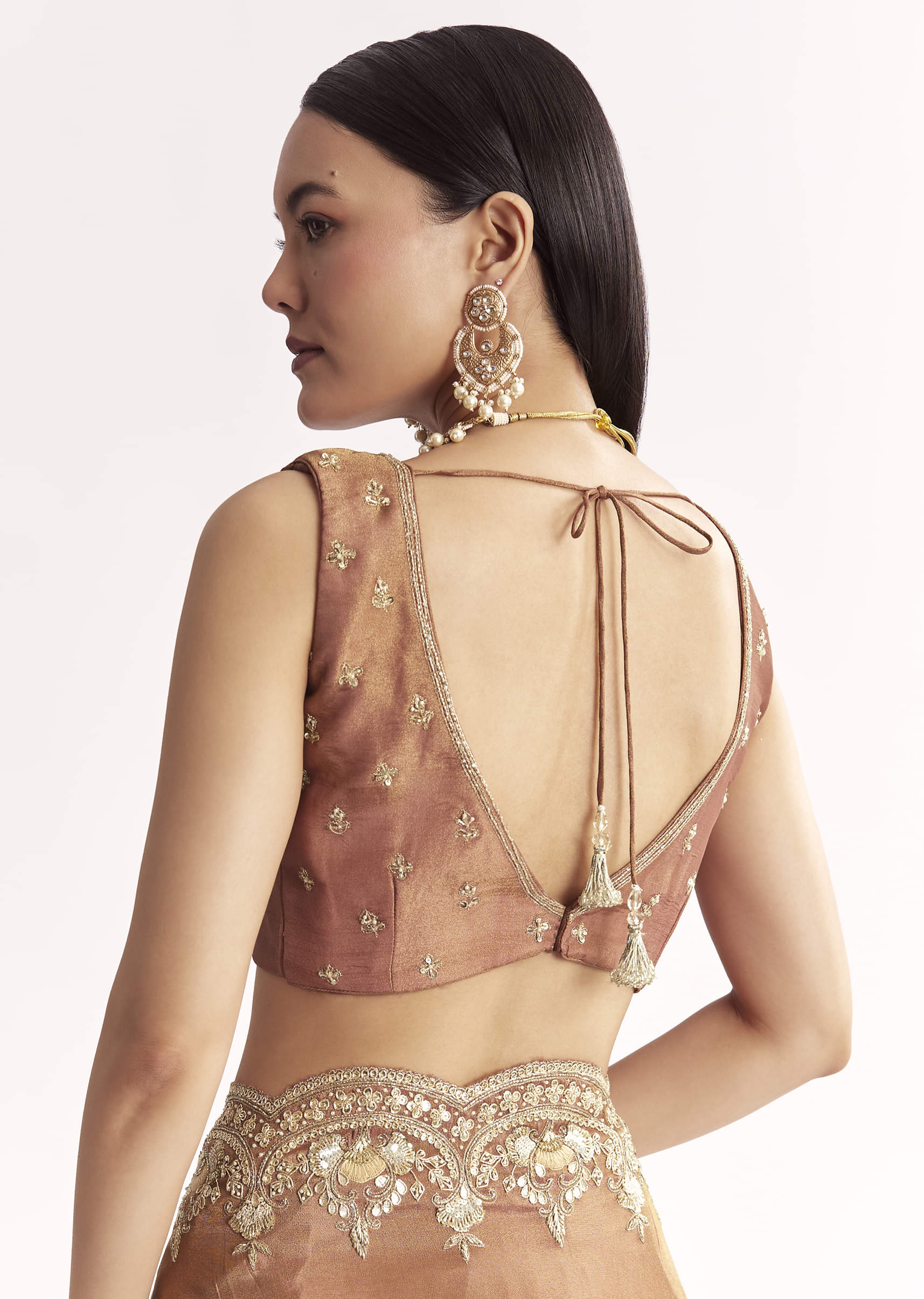 Indian Rust Embroidered Tissue Saree (2-Piece) - Image 6