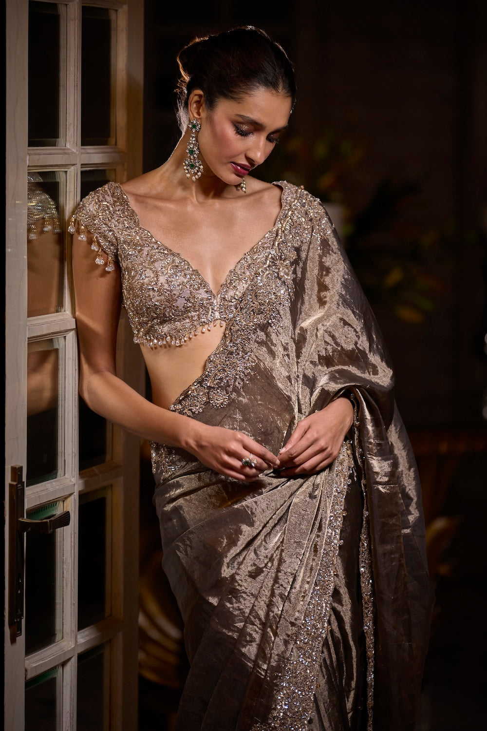 Coffee Brown Embroidered Tissue Silk Saree (2-Piece) - Image 3