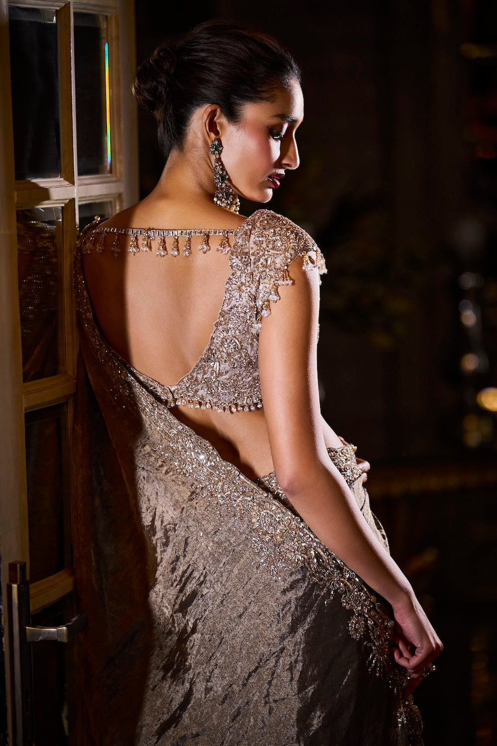 Coffee Brown Embroidered Tissue Silk Saree (2-Piece) - Image 4