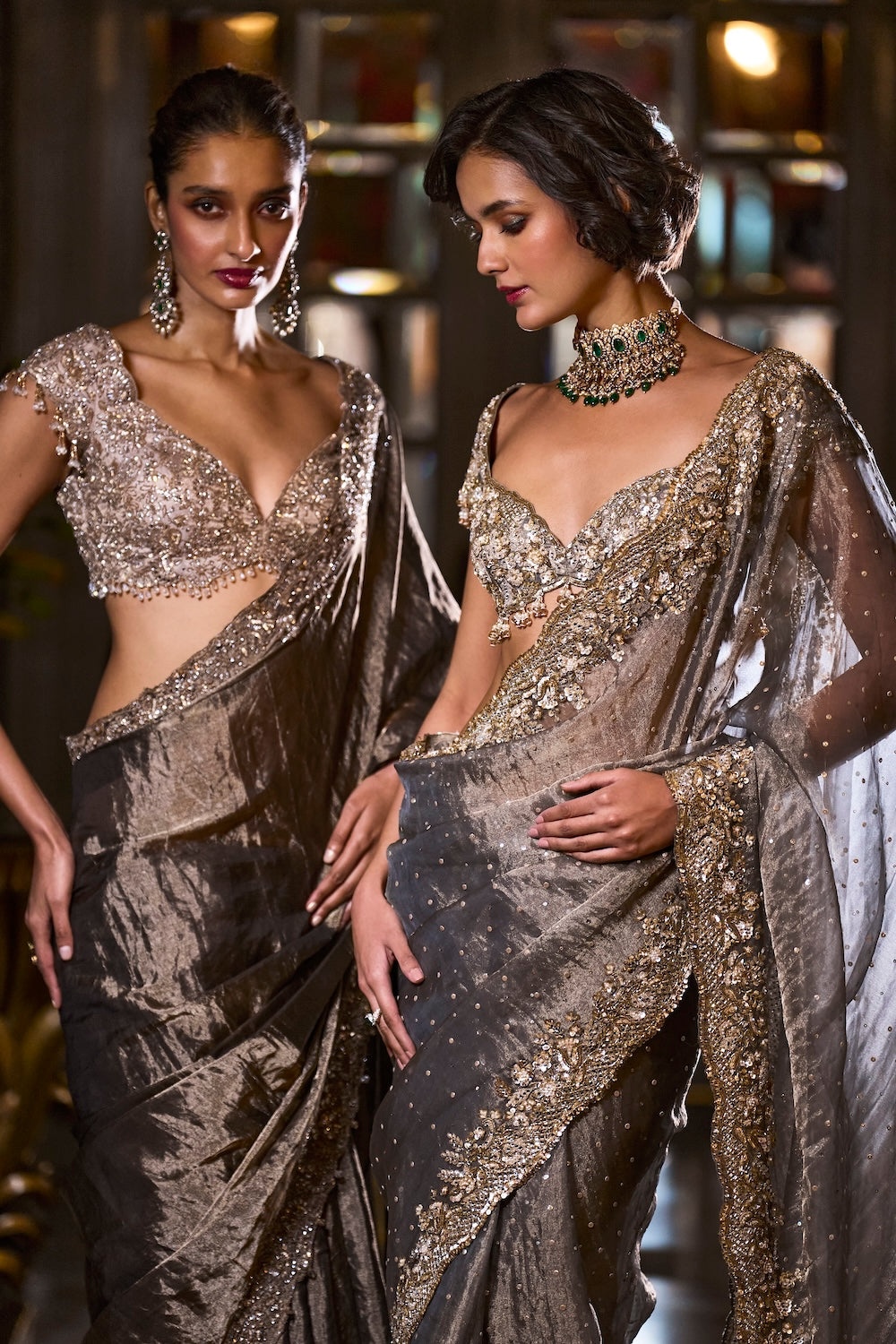 Coffee Brown Embroidered Tissue Silk Saree (2-Piece) - Image 5