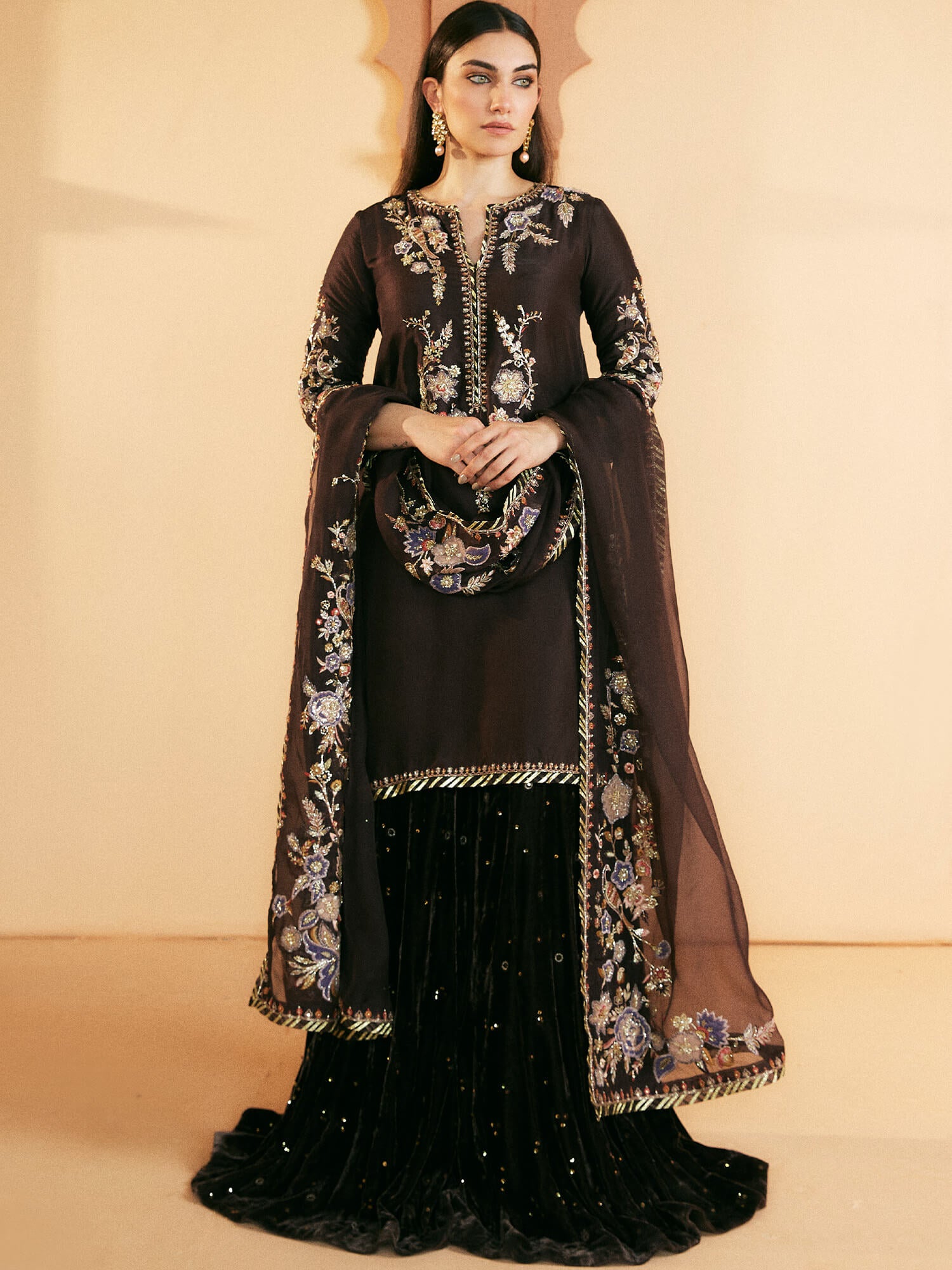 Chocolate Zardozi Raw Silk Kurta with Velvet Sharara (3-Piece) - Image 1