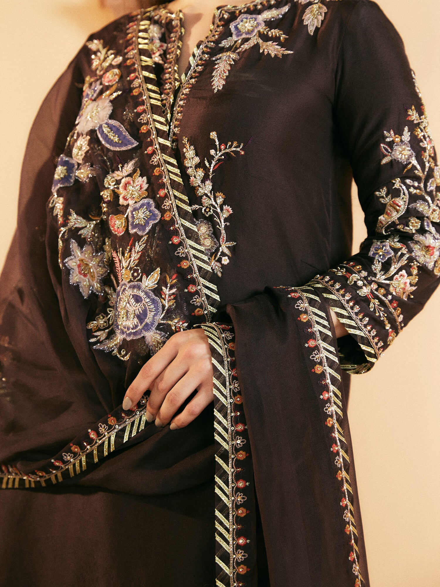 Chocolate Zardozi Raw Silk Kurta with Velvet Sharara (3-Piece) - Image 2