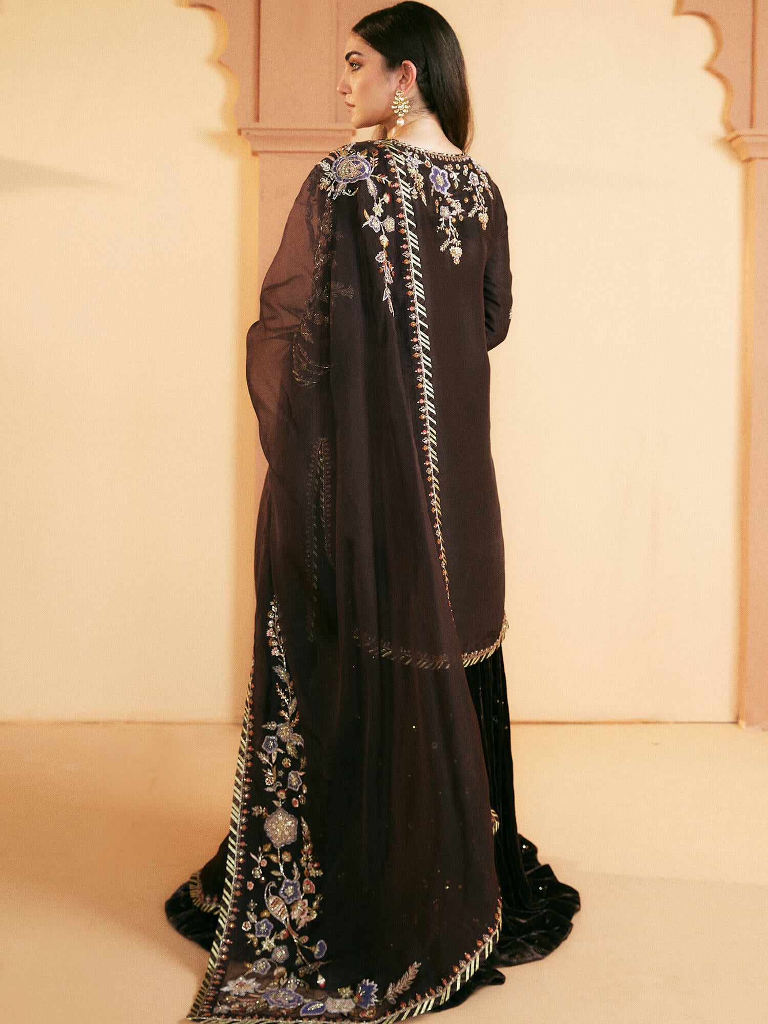 Chocolate Zardozi Raw Silk Kurta with Velvet Sharara (3-Piece) - Image 3