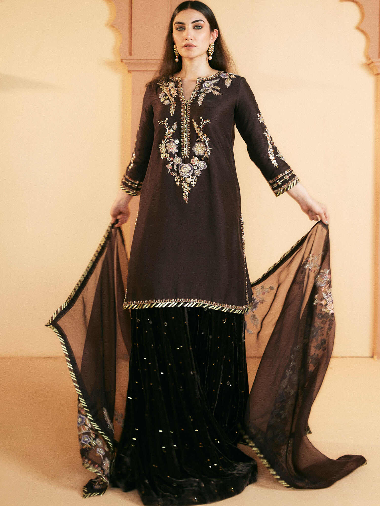 Chocolate Zardozi Raw Silk Kurta with Velvet Sharara (3-Piece) - Image 4