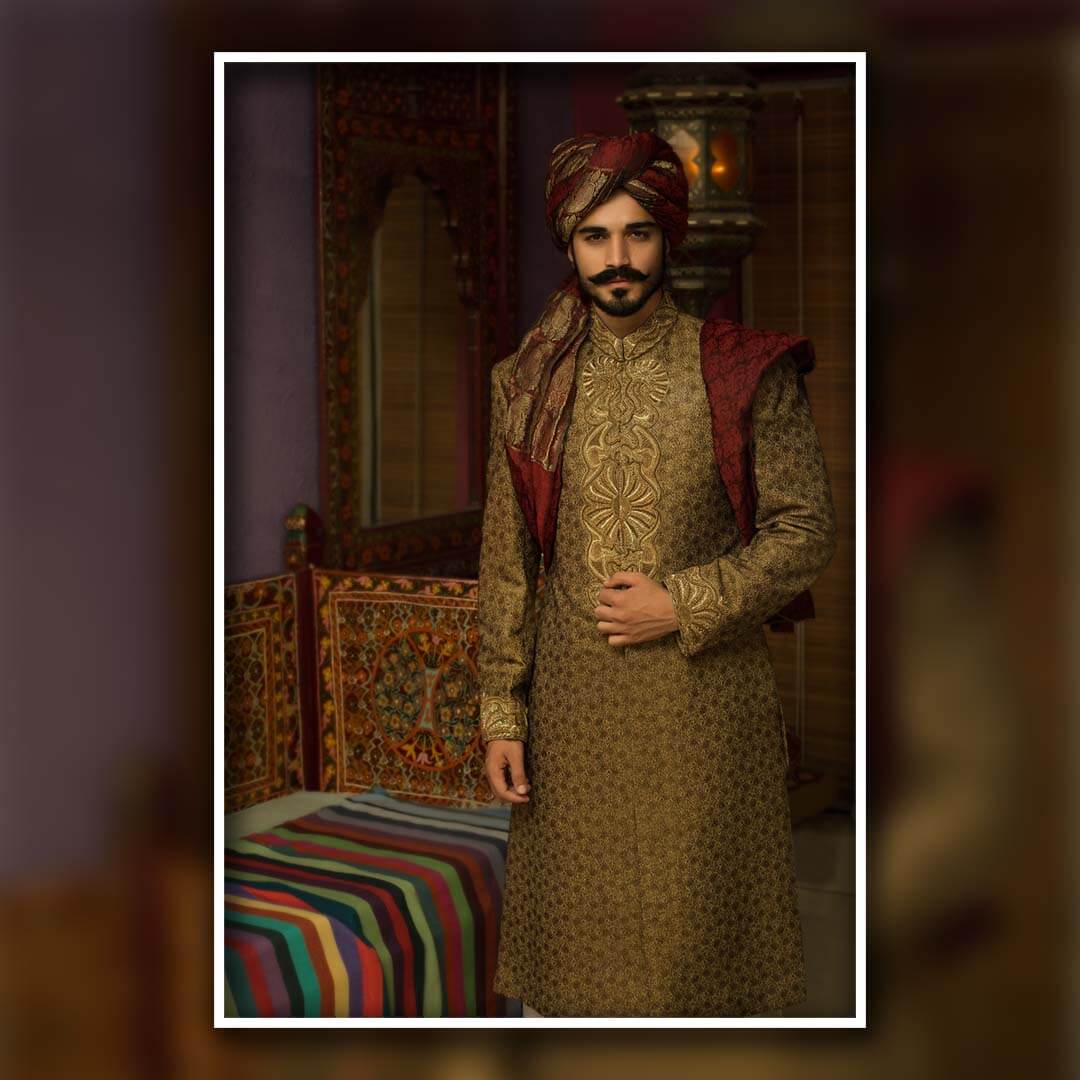 Rustic Brown & Black Embroidered Brocade Sherwani (3-Piece) - Image 1