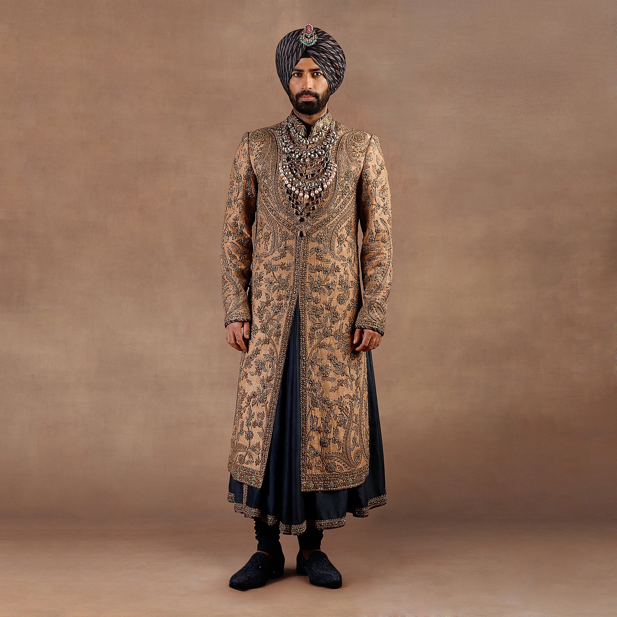 Walnut & Prussian Blue Silk Sherwani (3-Piece) - Image 1