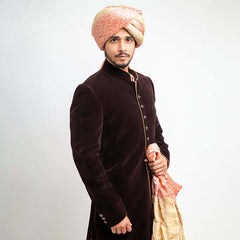 Deep Chocolate Brown Velvet Sherwani (3-Piece) - Image 3