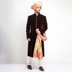 Deep Chocolate Brown Velvet Sherwani (3-Piece) - Image 4