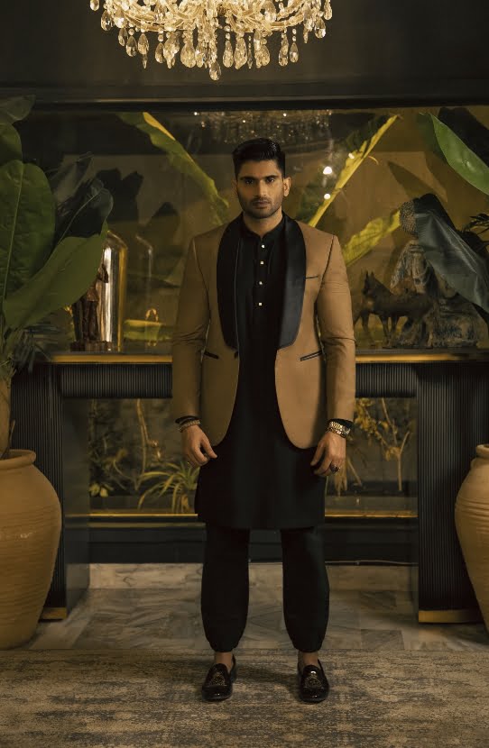 Camel Brown Tuxedo Jacket with Black Kurta (3-Piece) - Image 1