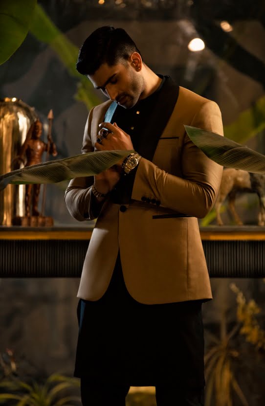 Camel Brown Tuxedo Jacket with Black Kurta (3-Piece) - Image 2