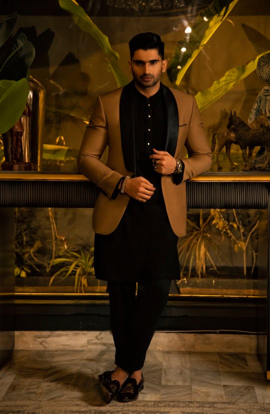 Camel Brown Tuxedo Jacket with Black Kurta (3-Piece) - Image 4