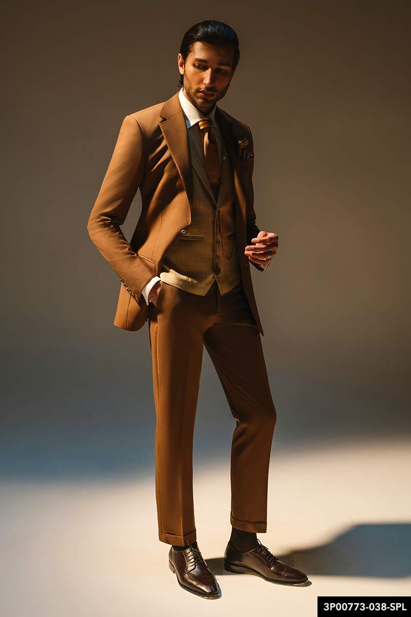 Golden Brown Wool Blend Groom Suit (3-Piece) - Image 1