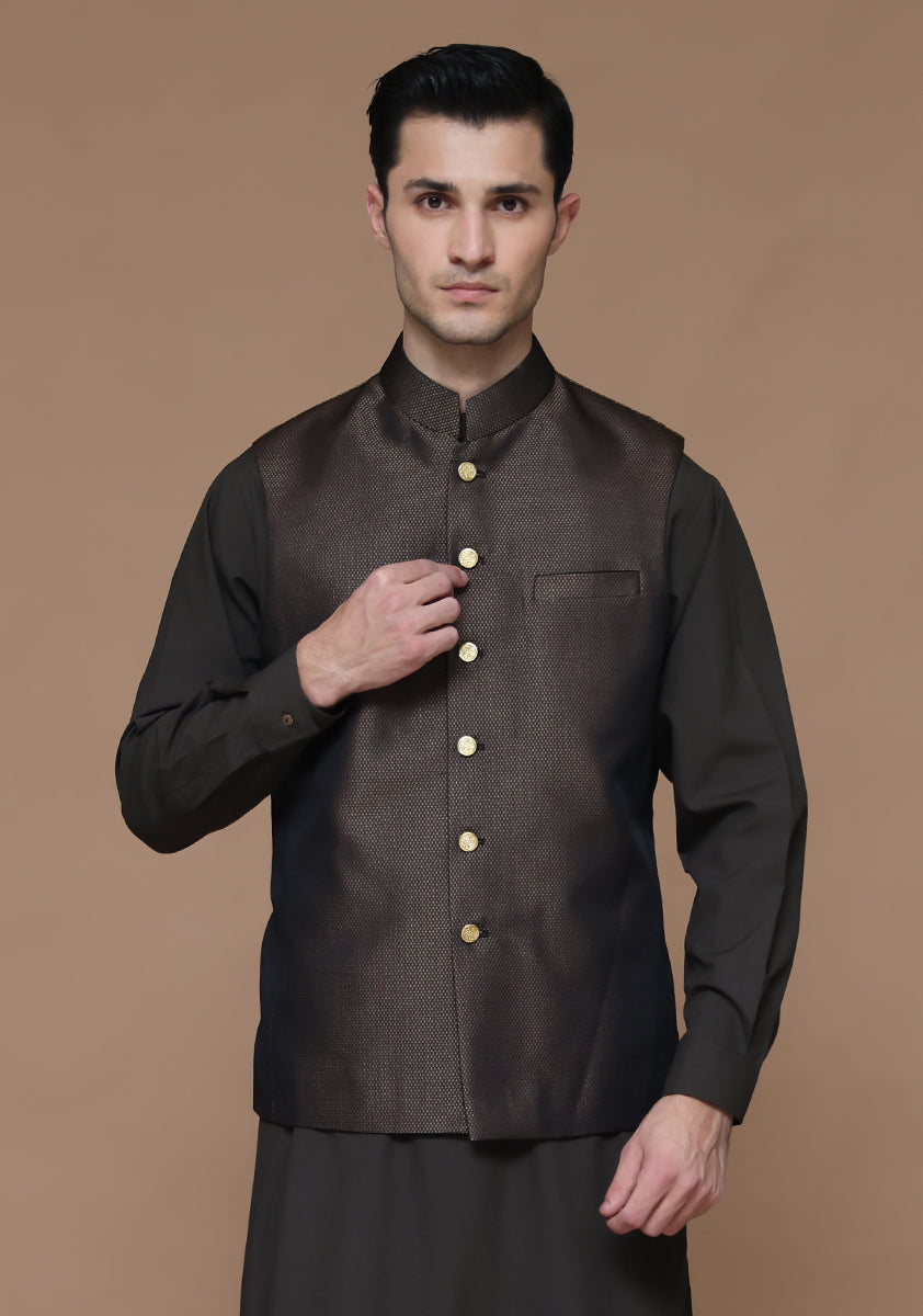 Brown Jamawar Straight-Cut Waistcoat (1-Pc) - Image 1