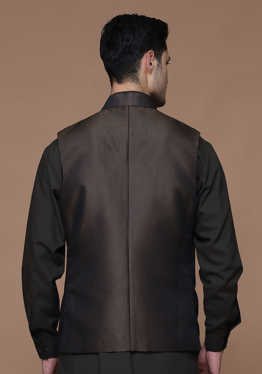 Brown Jamawar Straight-Cut Waistcoat (1-Pc) - Image 2