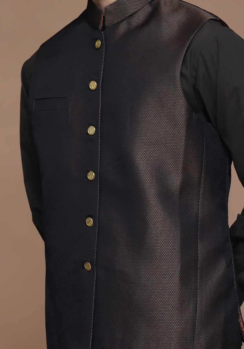 Brown Jamawar Straight-Cut Waistcoat (1-Pc) - Image 3