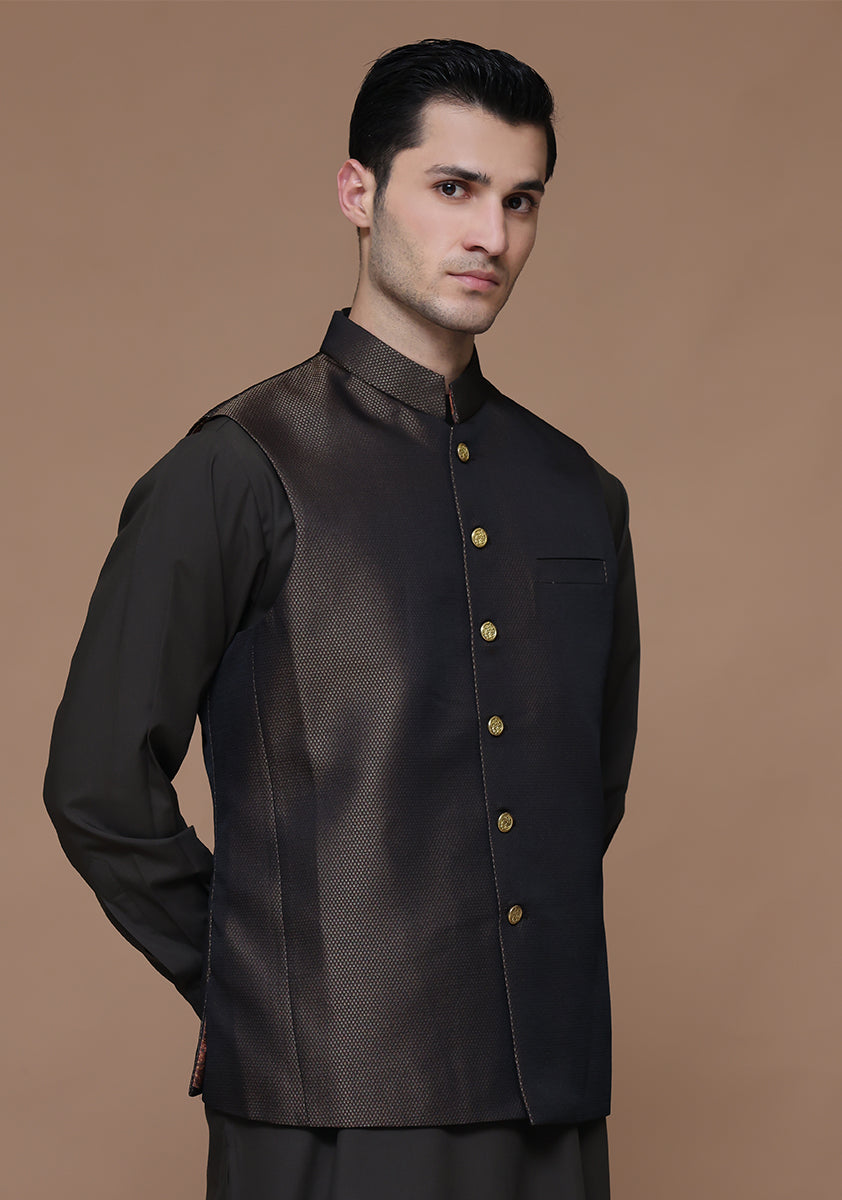 Brown Jamawar Straight-Cut Waistcoat (1-Pc) - Image 4