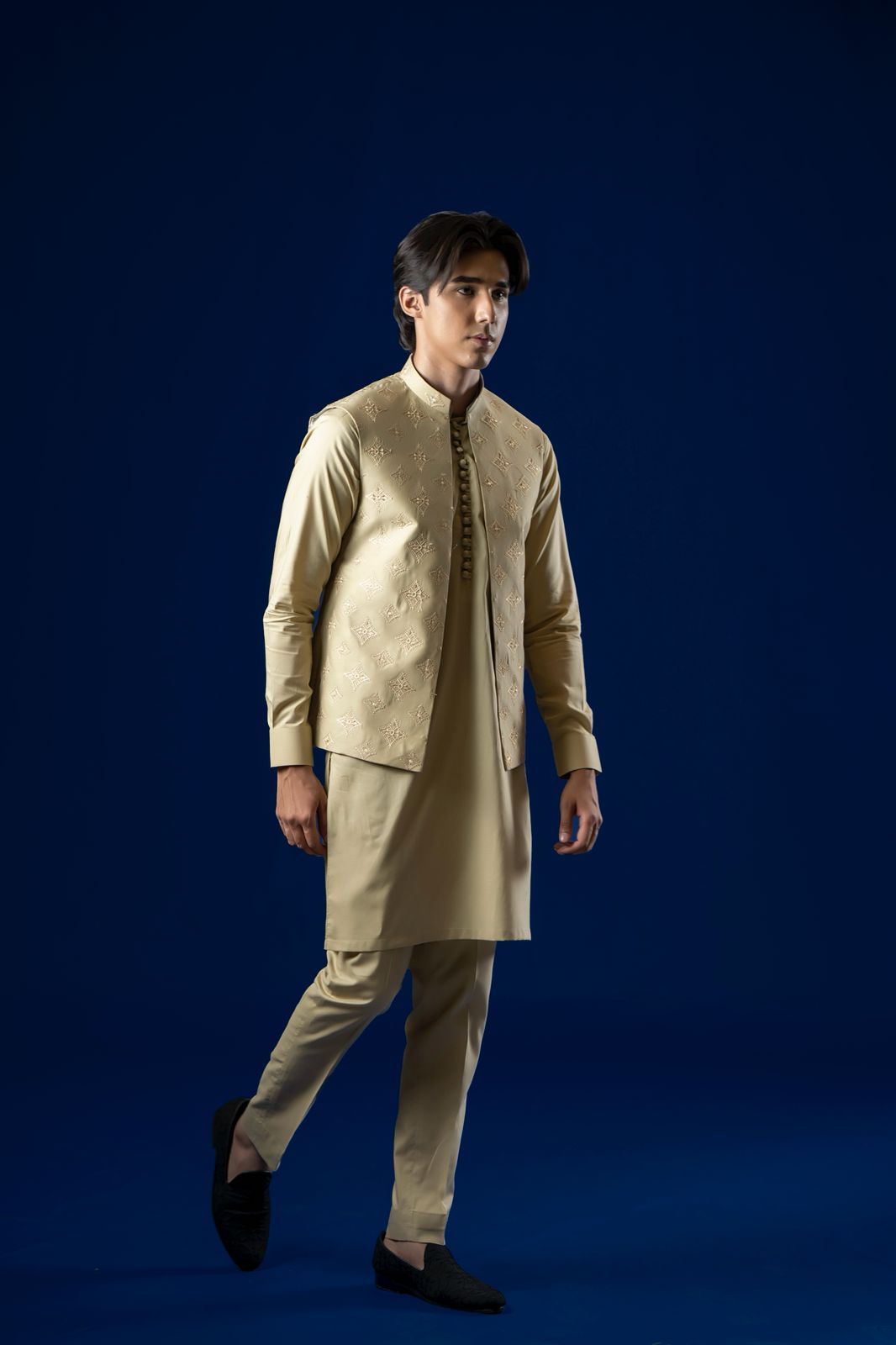 Light Brown Embroidered Cotton Waistcoat Kurta (3-Piece) - Image 2