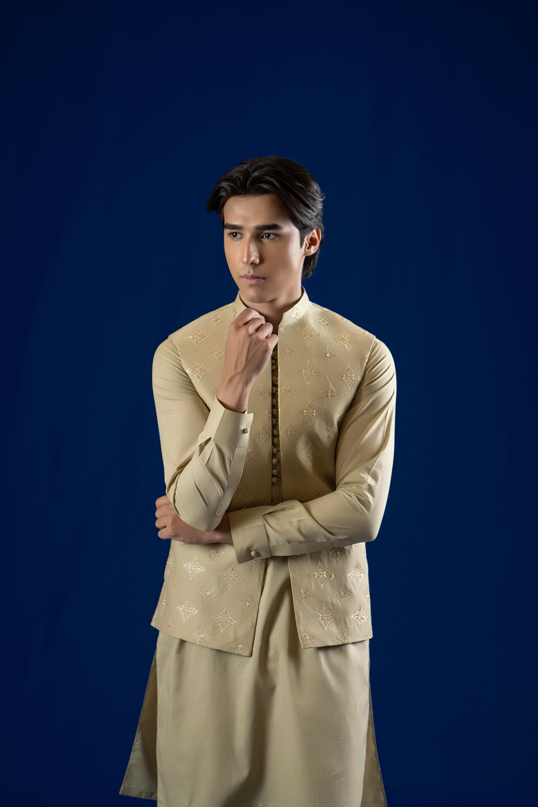 Light Brown Embroidered Cotton Waistcoat Kurta (3-Piece) - Image 4