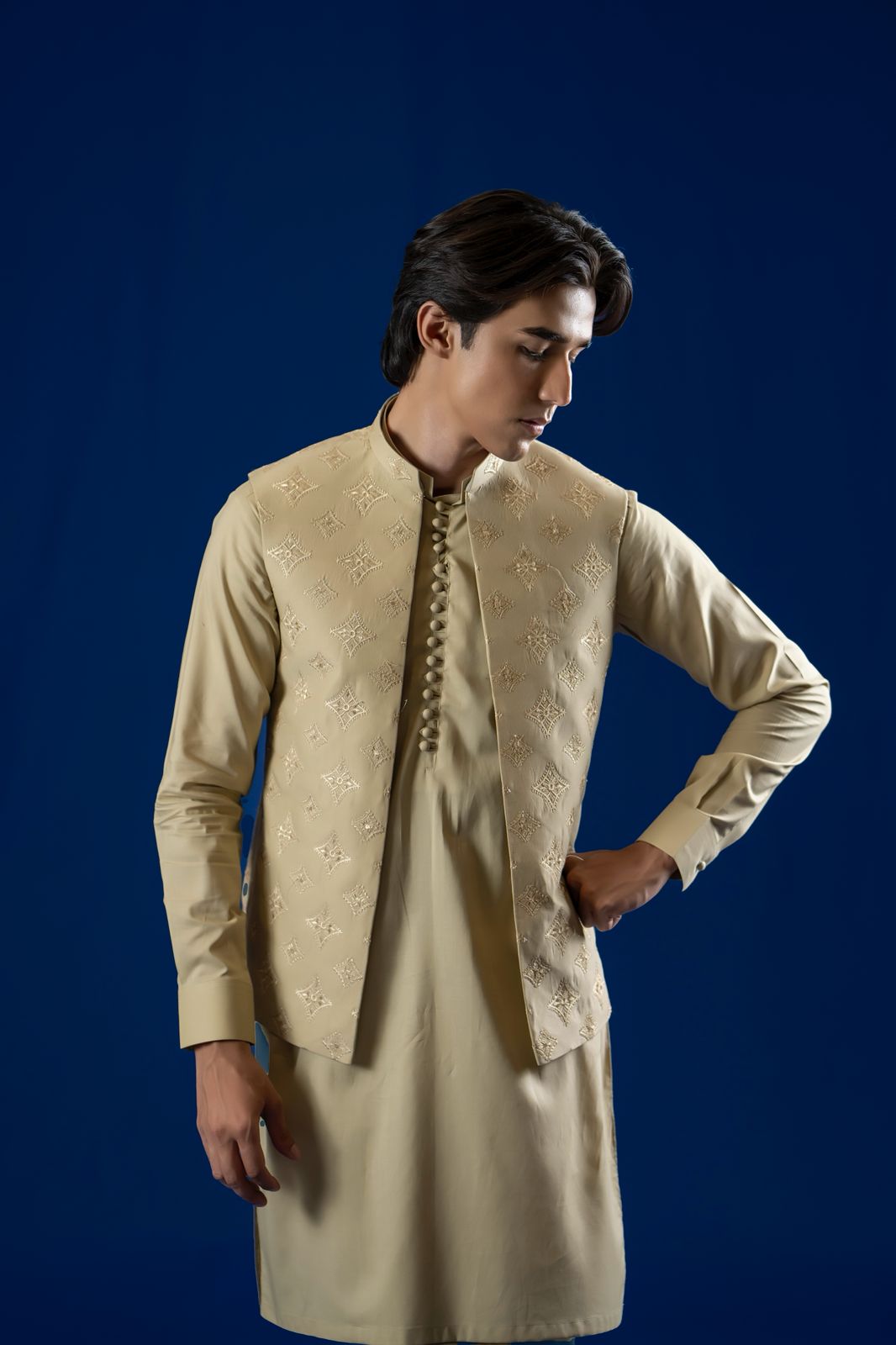 Light Brown Embroidered Cotton Waistcoat Kurta (3-Piece) - Image 5