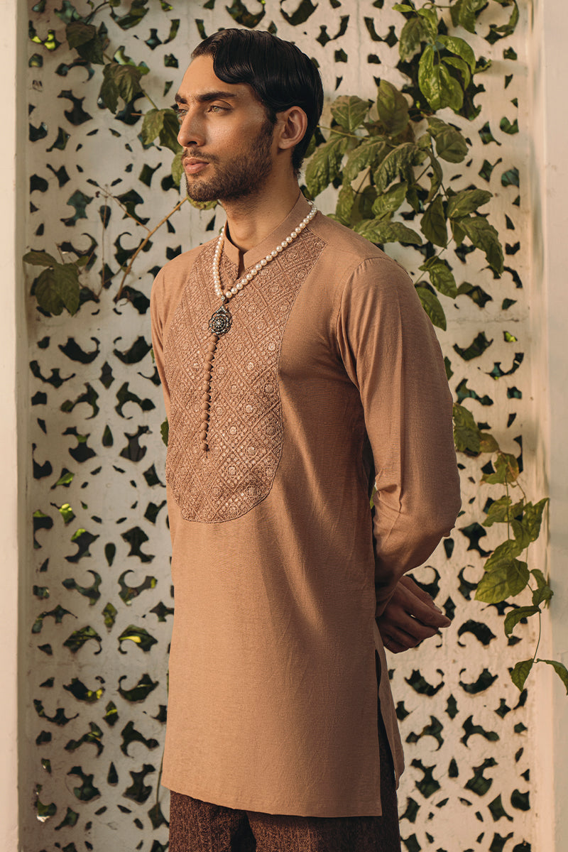 Russet Brown Embroidered Cotton Karandi Kurta Pajama (3-Piece) - Image 1