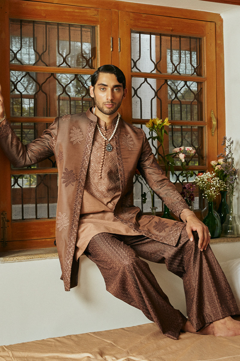 Russet Brown Embroidered Cotton Karandi Kurta Pajama (3-Piece) - Image 2